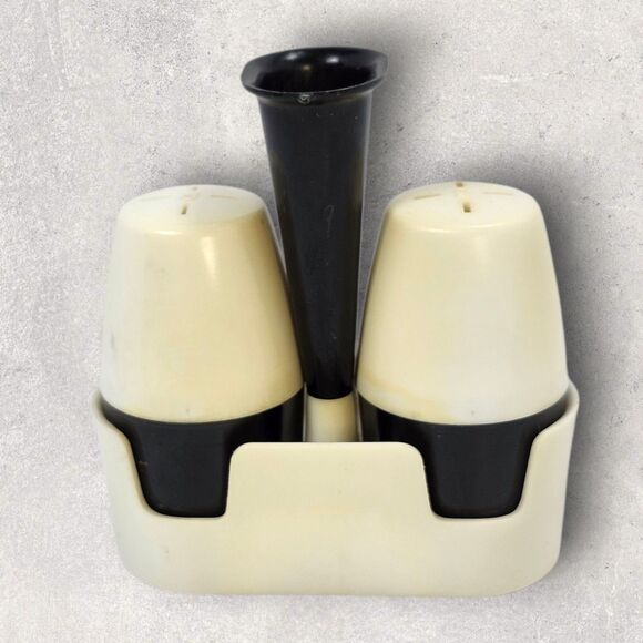 Vintage Miracle Maid “Gem Coat” Salt & Pepper Shaker Set w/ Holder – 1960s Promo - Picture 4 of 10